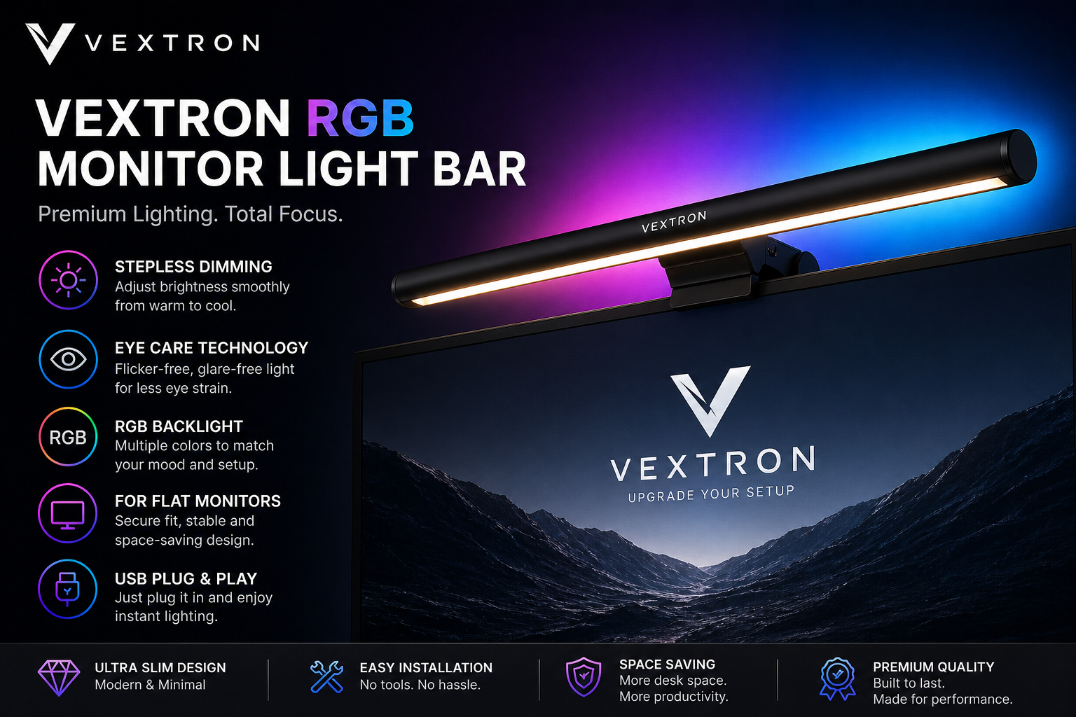 VEXTRON RGB Monitor Light Bar – Eye Care & Stepless Dimming